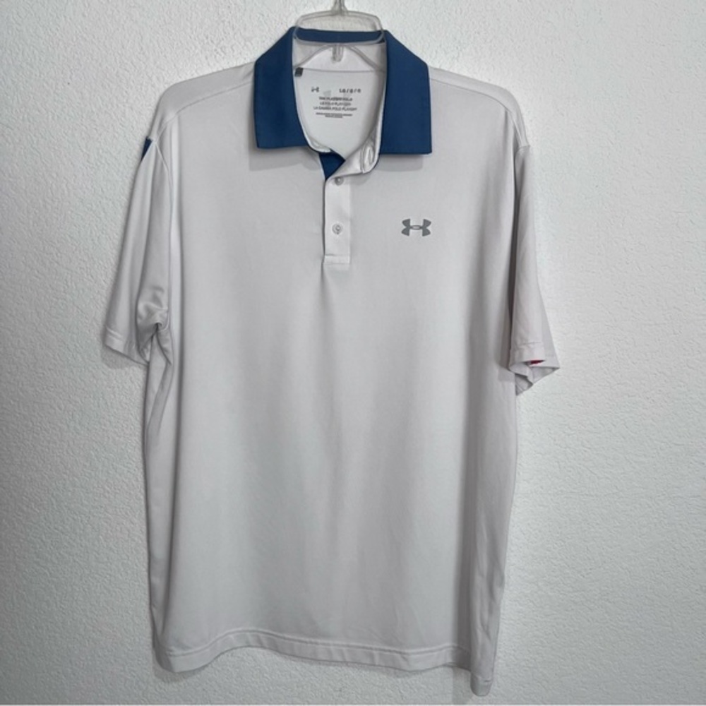 Under Armour White Blue Collar Golf Short Sleeve Shirt Large